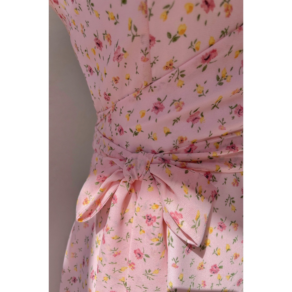 Đầm CELIINN hồng phấn, dáng xòe có dây nơ