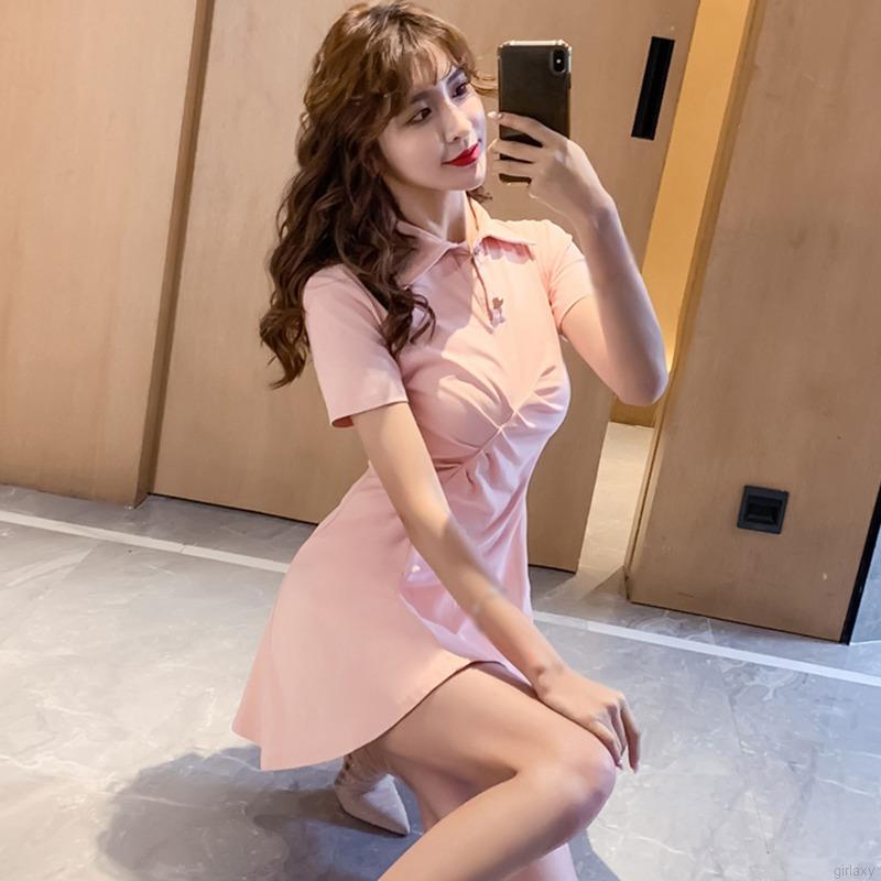 Đầm ôm Ngắn Tay Cổ Bẻ Xếp Ly Thời Trang Hàn