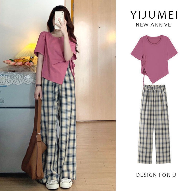 [Spot] Set Áo + Quần Ống Rộng Màu Trơn Cột Dây Thời Trang retro Phiên Bản Hàn Quốc