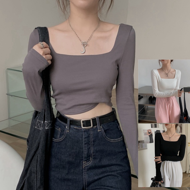 Áo thun ngắn tay dài cổ vuông ôm dáng 3 màu trơn Size lớn dành cho nữ