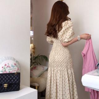 Đầm nửa tay Đầm một mảnh Đầm dài phong cách Hàn Quốc Đầm thun eo dài