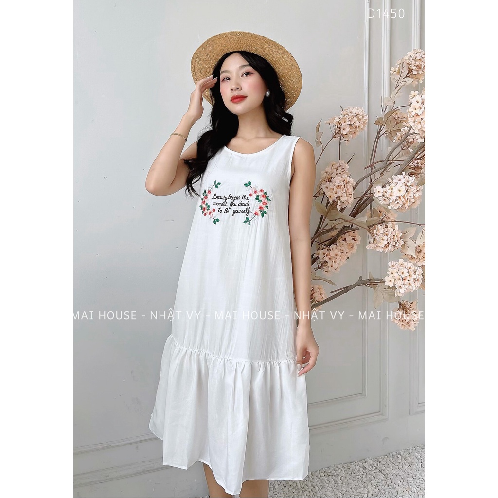 Đầm Đi Chơi NHẬT VY Sát Nách Thêu Chữ Dáng Suông Đuôi Cá Chất Vải Tơ Xước Màu Vàng, Trắng - D1450 | BigBuy360 - bigbuy360.vn