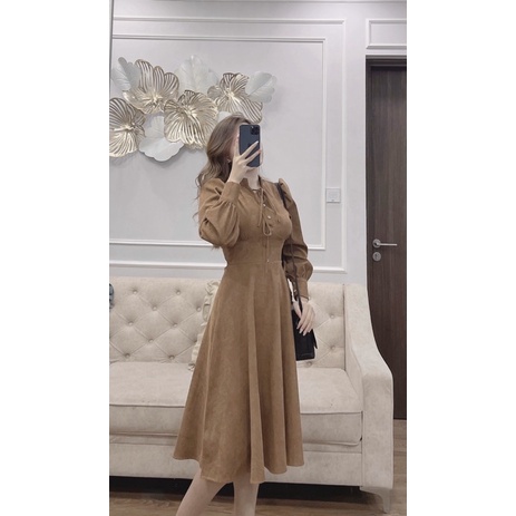 Váy thiết kế nhung tăm cổ có dây nơ dúm ngực dáng xòe tiểu thư | BigBuy360 - bigbuy360.vn