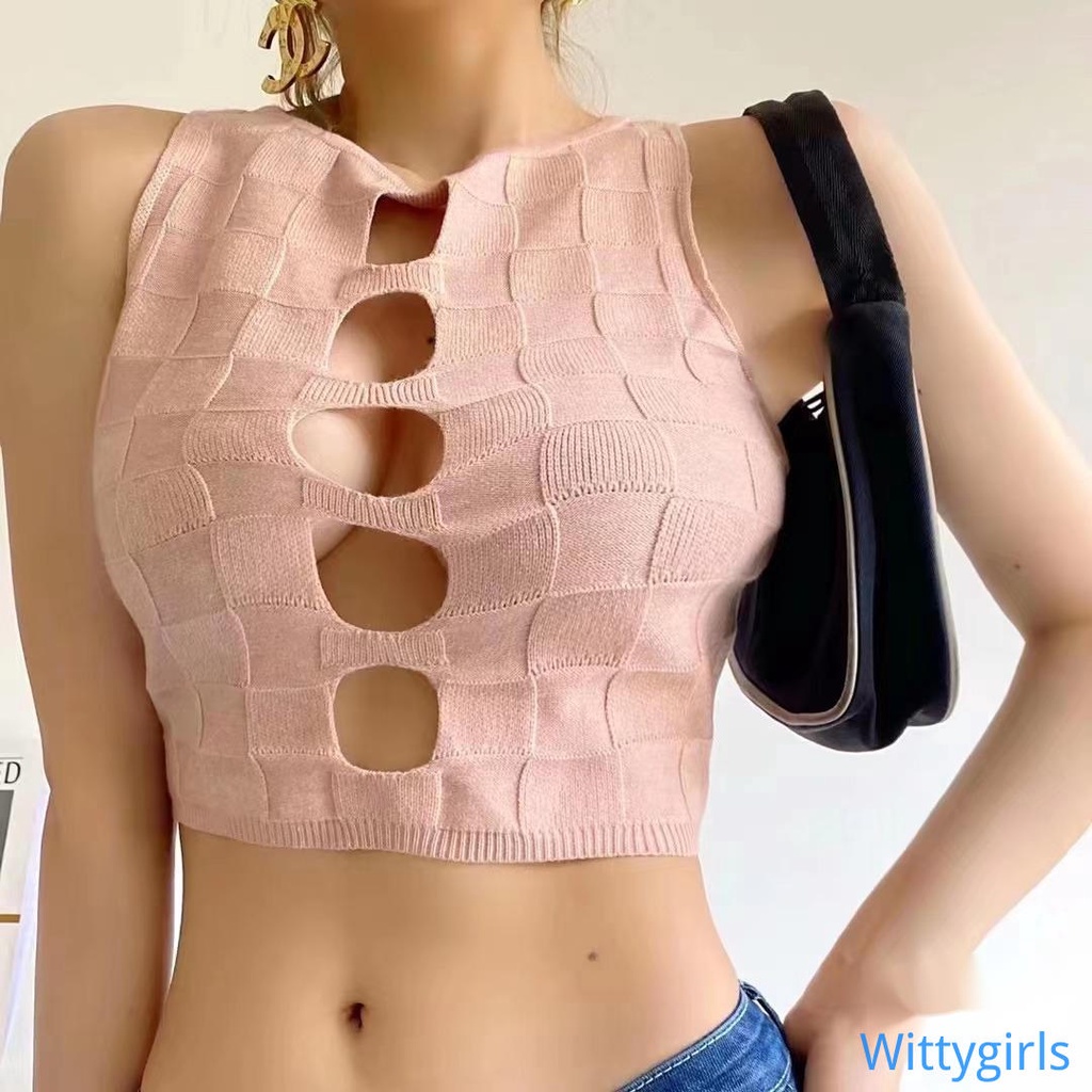 Áo Croptop Dệt Kim Không Tay Cổ Tròn Họa Tiết Sọc Caro Thời Trang Cho Nữ