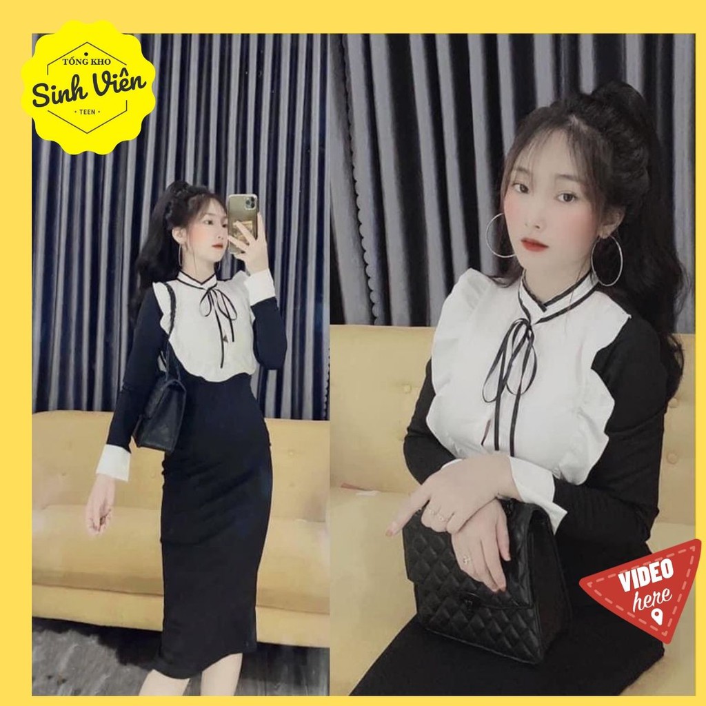 👗Đầm Body Đen Tay Dài tiểu thư👗 Ngực pha trắng phối viền bèo, Cổ thắt nơ tay dài - Váy body đen tiểu thư đẹp | BigBuy360 - bigbuy360.vn
