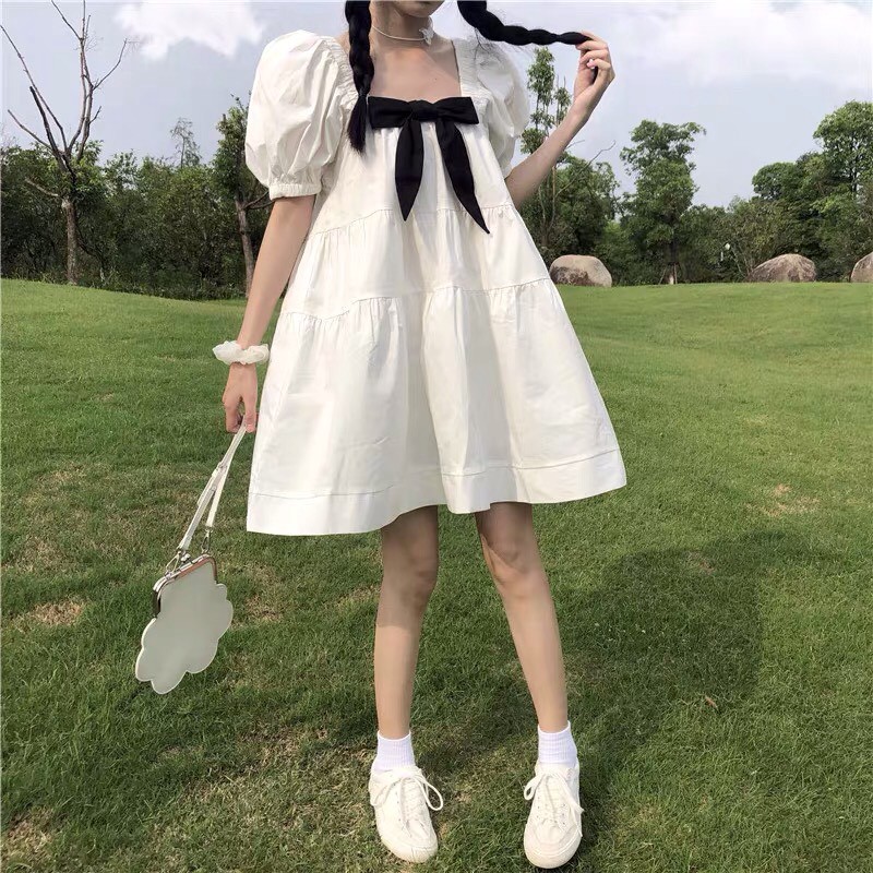 Váy Babydoll Trắng Phối Nơ Đen PEONYB Nữ [FREESHIP] 🌸 Đầm tay bồng cổ vuông dáng xòe bánh bèo tiểu thư Ulzzang 🌸