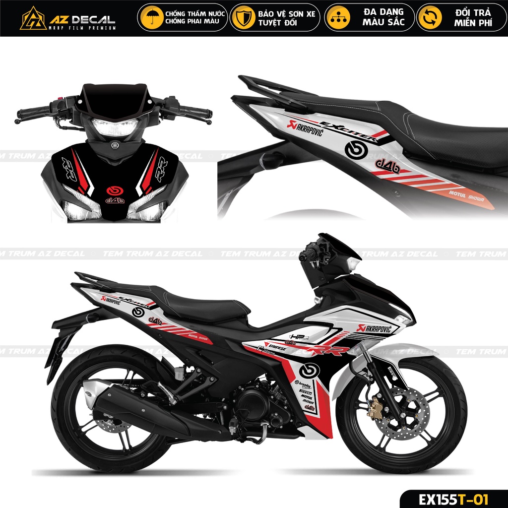 Tem Trùm Exciter 155 Mẫu Akrapovic | EX155T-01 | Decal Dán Xe Ex 155 Đẹp Nhiều Màu Đen, Trắng, Xanh GP