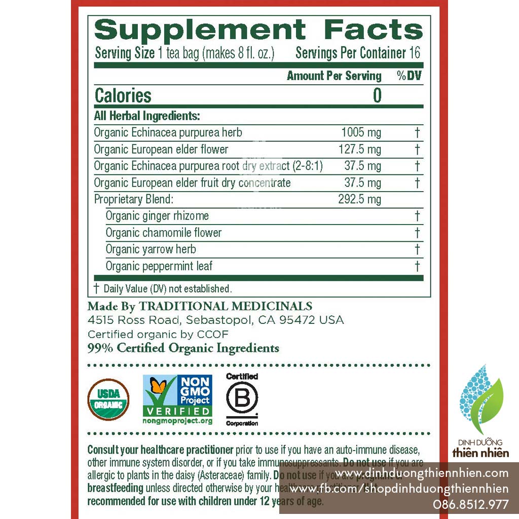 Trà Hữu Cơ Thảo Mộc Echinacea & Quả Cơm Cháy Traditional Medicinals Echinacea Plus Elderberry, Hỗ Trợ Hệ Miễn Dịch