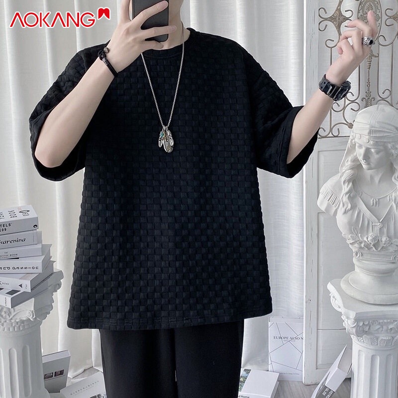Áo thun AOKANG ngắn tay form rộng họa tiết ca rô thời trang dành cho nam