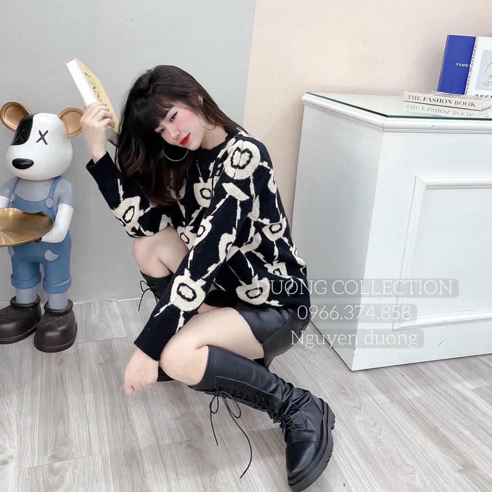 Áo len họa tiết hoa 2 màu (kèm ảnh thật,video)