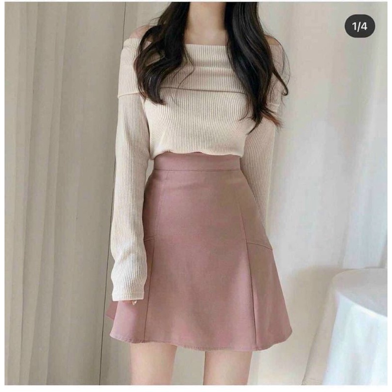 Áo bẹt vai tay dài  nữ chất thun gân dầy trang phục thu đông