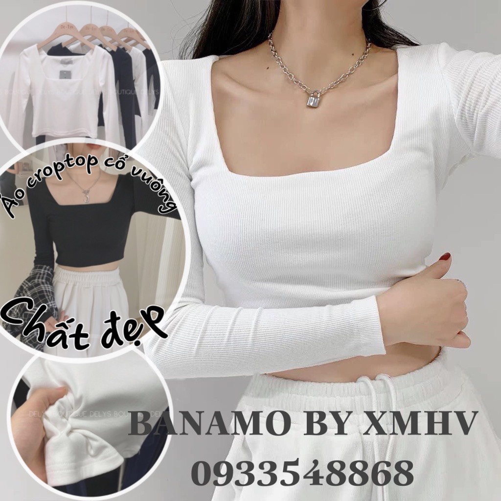Áo croptop cổ vuông dài tay siêu xinh thời trang Banamo Fashion 3112