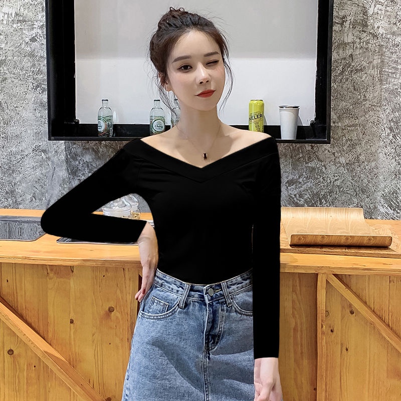 Áo Thun Đen Trễ Vai Tay Dài Cổ Chữ V Quyến Rũ Phong Cách Phương Tây Dành Cho Nữ