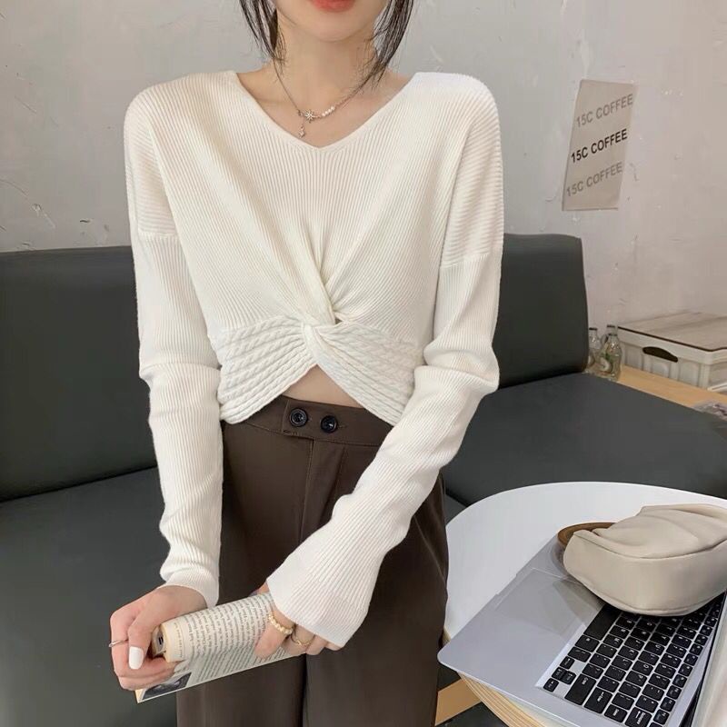 Áo sweater SUXI dệt kim tay dài cổ chữ V màu sắc đơn giản dễ phối đồ thời trang mùa thu cho nữ