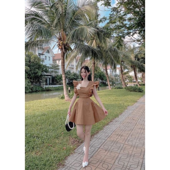 Đầm dạo phố màu nâu đất cổ V cánh tiên xinh xắn, dịu dàng Luna Dress