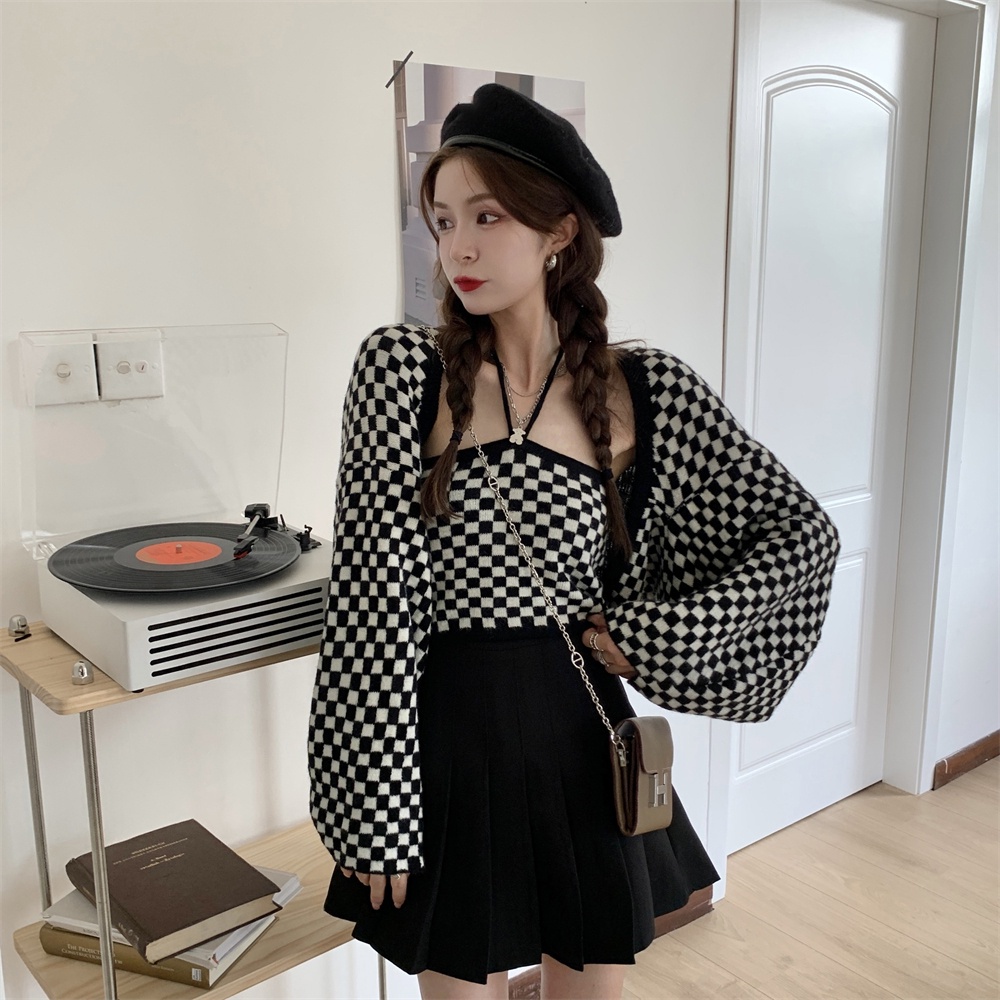Porozi  Nữ Hàn Quốc Áo yếm \ đan len Cardigan kẻ caro Bộ đồ hai mảnh