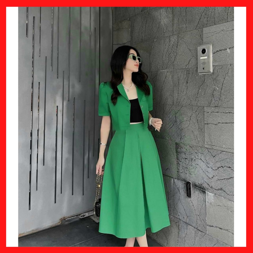 váy thiết kế ,Set Váy Nữ Áo Vest crotop mix Chân váy xếp ly dài