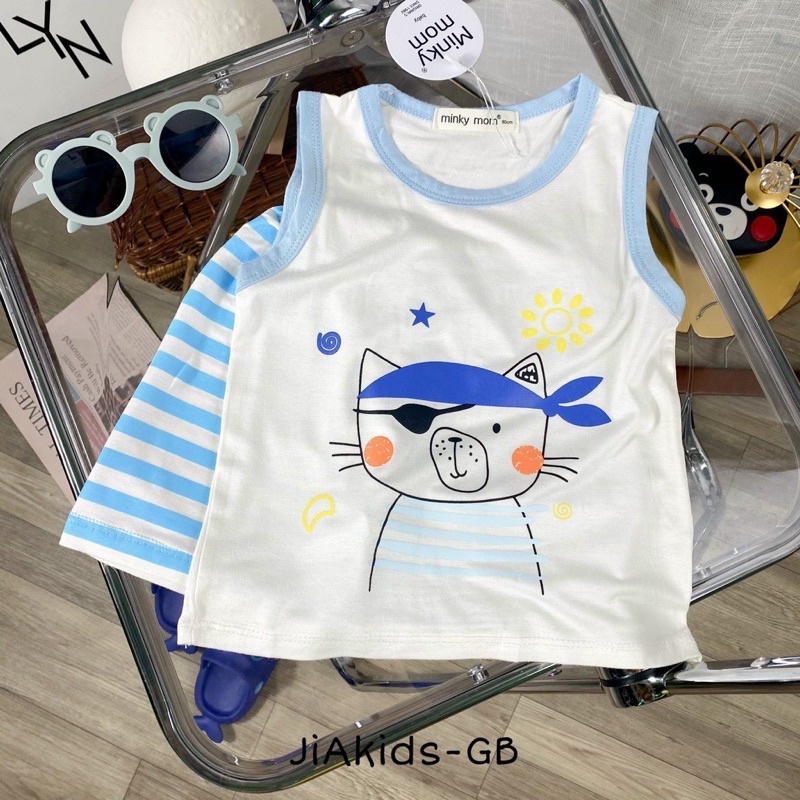 NT002 Bộ sát nách, ba lỗ thun lạnh Minky Mom hoạ tiết cướp biển in nền trắng, quần sọc cho bé