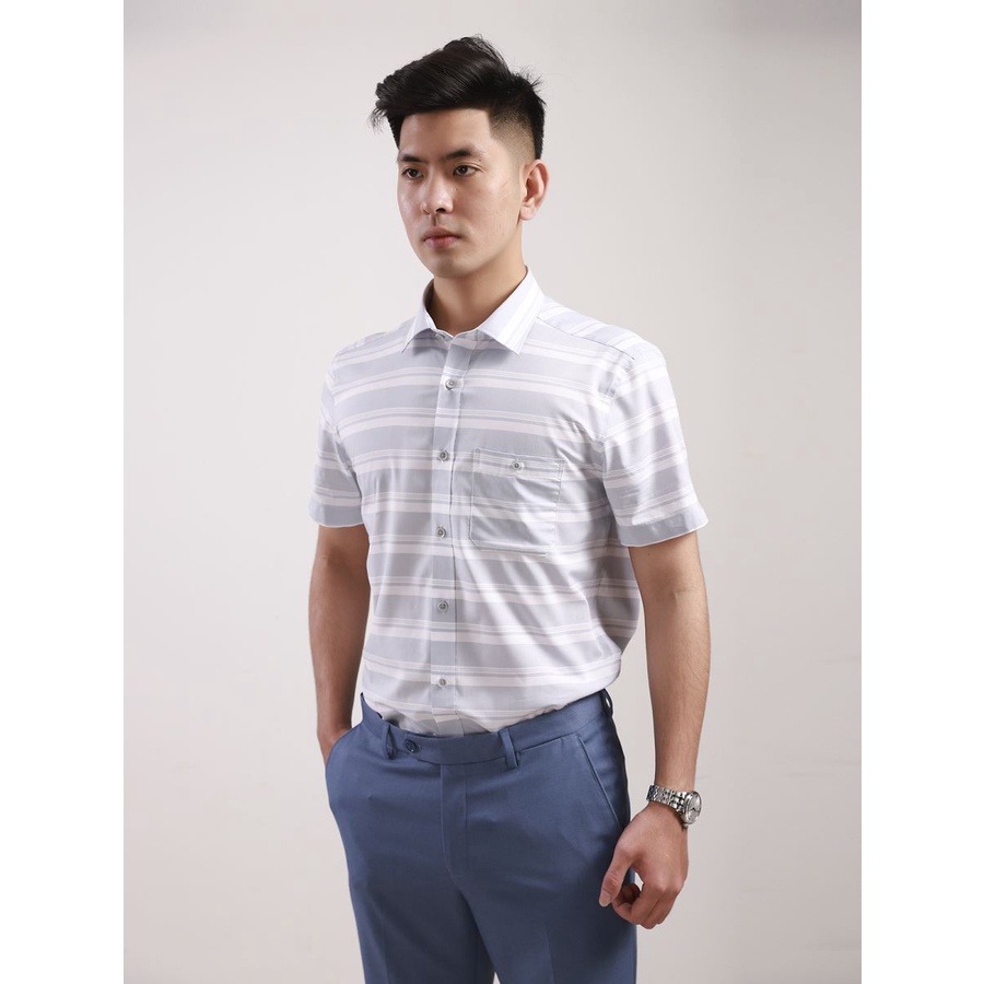 Áo sơ mi nam ngắn tay ARISTINO ASS076S8 xám kẻ trắng ngang, chất modal sợi sồi, tà bằng, dáng reguler fit