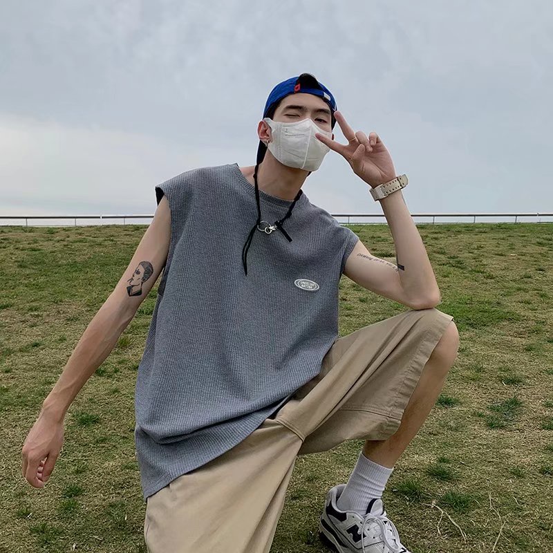 Áo Sweater Dệt Kim Sát Nách Dáng Rộng Màu Sắc Đơn Giản Phong Cách Harajuku Cho Nam