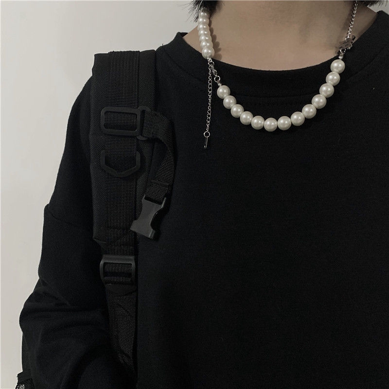 Dây chuyền phối hạt ngọc trai và mặt chữ phong cách hiphop Harajuku sành điệu cho nam và nữ 22169