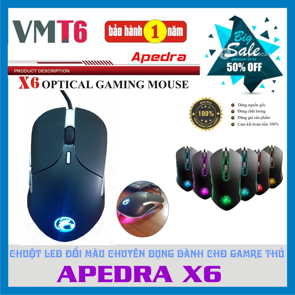 Chuột chuyên game có dây gaming Apedra X6 - Led RGB Đổi Màu !