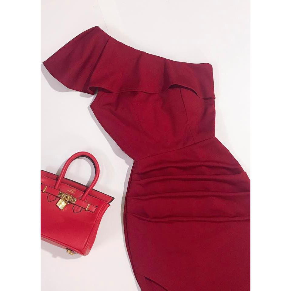 [ xả kho ] MiD VÁY ĐỎ LỆCH VAI CỔ VẠT V1178 Mie Design kèm hình thật