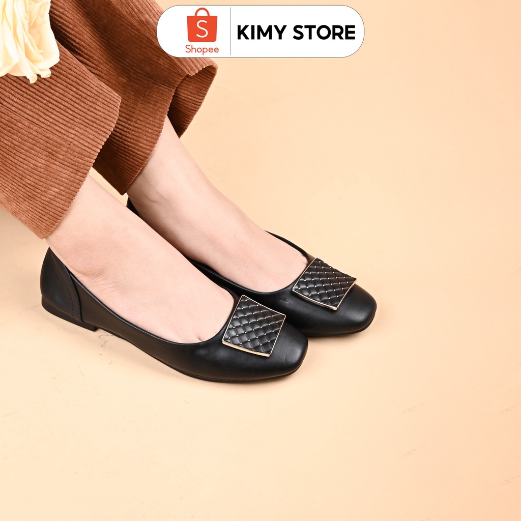 Giày bệt nữ da thật khuy vuông 1cm, Giày búp bê mũi vuông hàng VNXK - Kimy Store