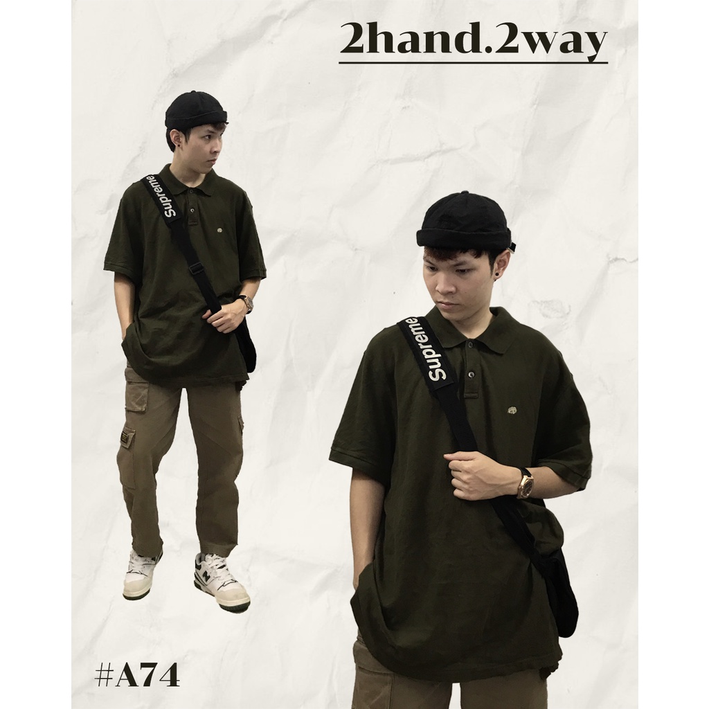 Áo Polo màu xanh rêu unisex nam nữ form rộng 2hand.2way