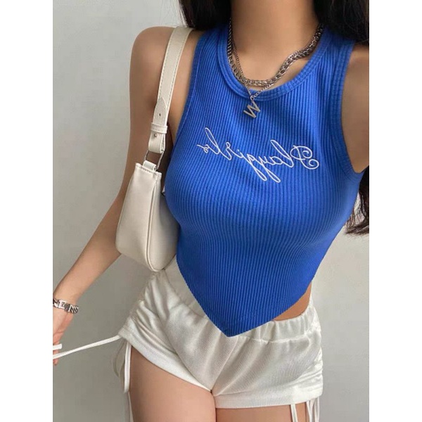 Áo ba lỗ nữ thêu chữ playgirl dáng croptop vạt nhọn thun gân