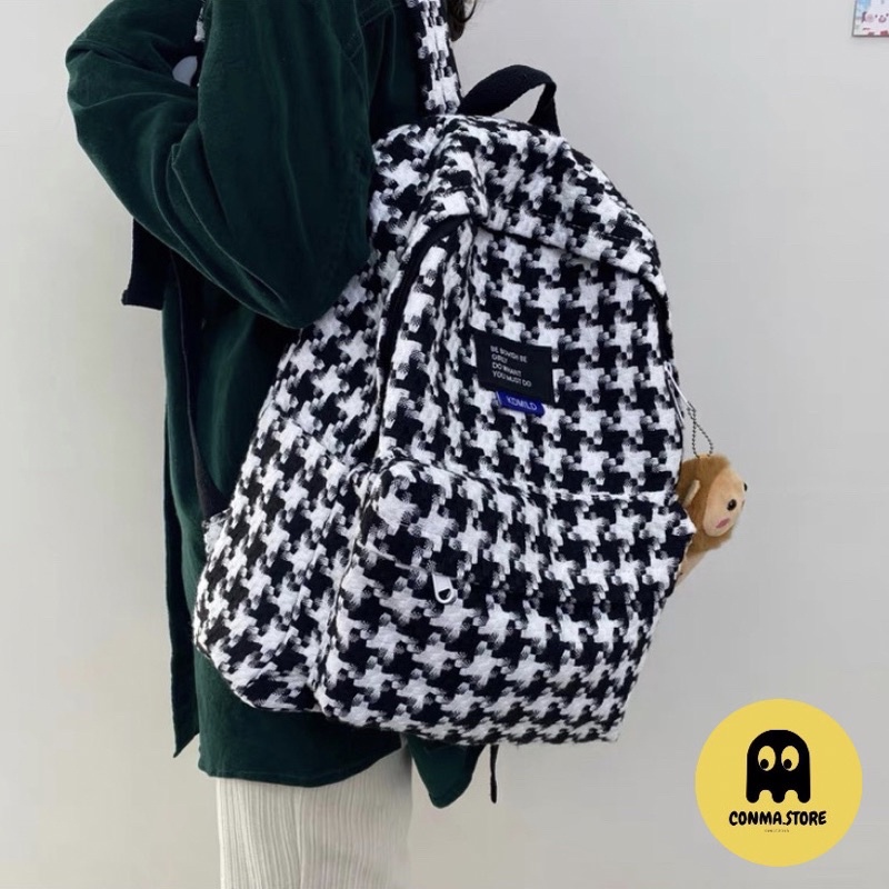 🍀 Balo basic Hàn Quốc nhẹ nhàng xinh xắn kẻ caro 2 màu xanh đen 💖✨ HÀNG CÓ SẴN | chất dạ tweed