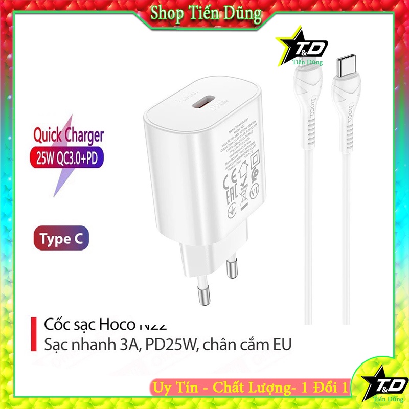 Bộ Cốc Sạc PD25W Hoco N22 có 1 cổng Type-C chất liệu cao cấp chống cháy chính hãng.