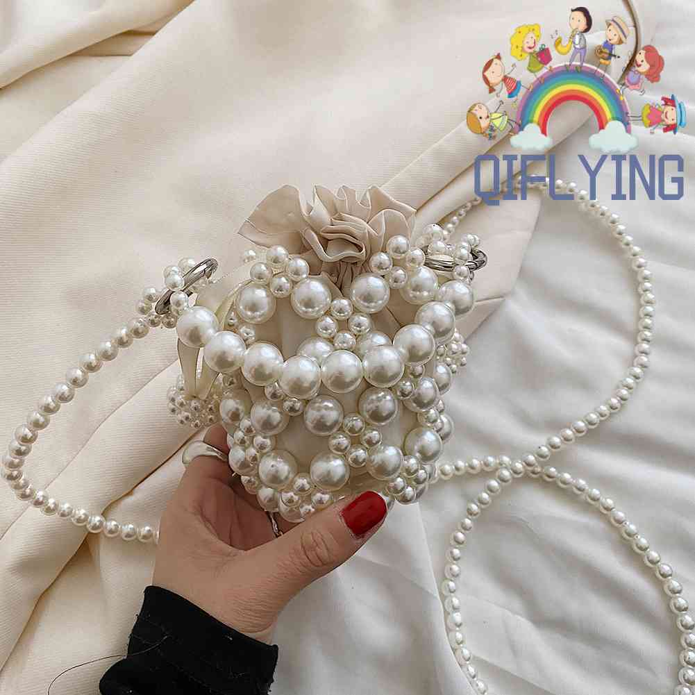 Túi Đeo Vai Rút Dây Mini Đính Hạt Ngọc Trai Dành Cho Nữ