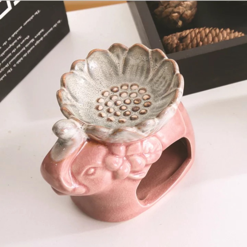Đèn xông tinh dầu gốm sứ đốt nến Tealight mẫu voi miệng hoa tráng men rạn cao cấp đẹp và sang trọng