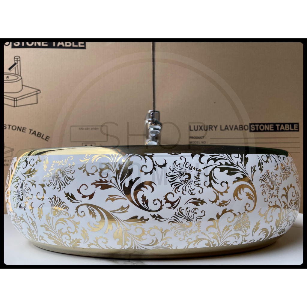 Chậu rửa mặt - Lavabo elip hoa văn vàng cao cấp, kích thước  50x31cm.