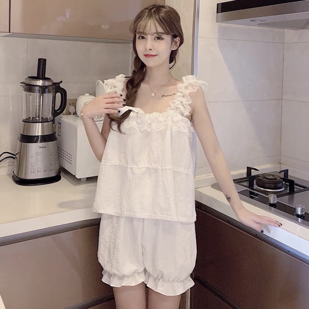 BỘ NGỦ 2 DÂY REN TRẮNG MIX QUẦN ĐÙI ĐUÔI BÈO - SET ÁO 2S QUẦN ĐŨI ULZZANG