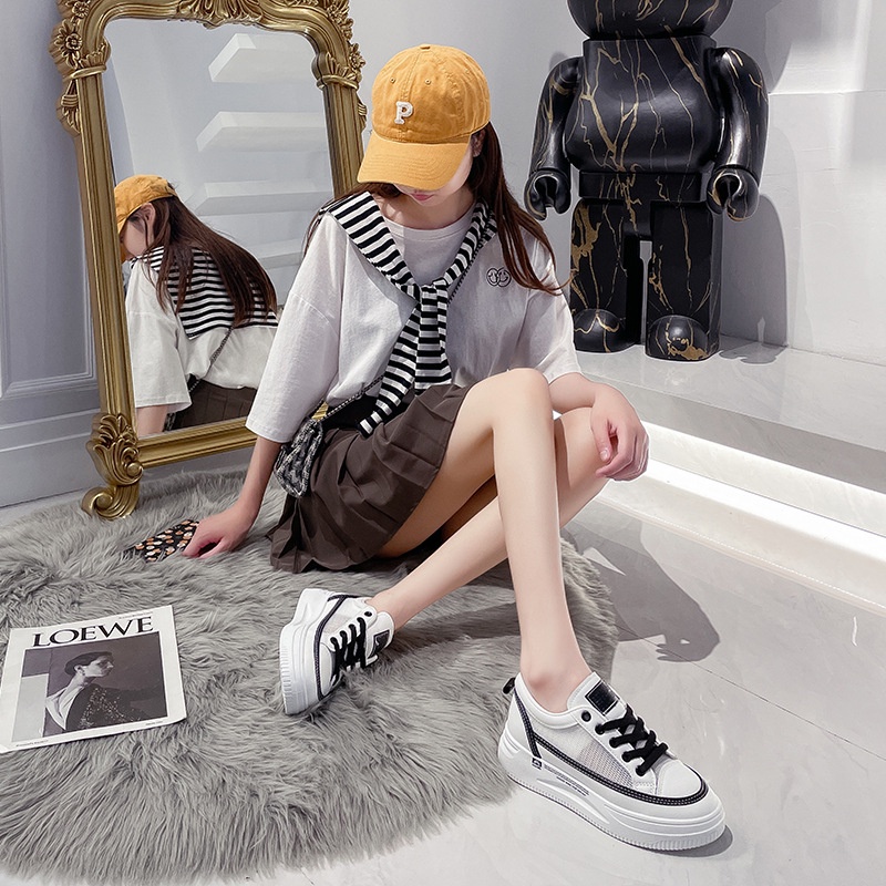Giày thể thao nữ đế cao, lưới thoáng khí mùa hè phối da cao cấp hot trend 2023 phong cách Hàn Quốc size 36-40 [027]