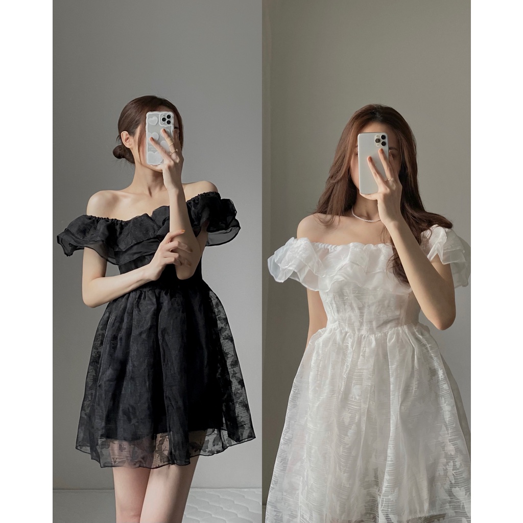 V2415 Váy trễ vai tơ kính