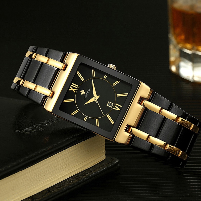 Wwoor Relogio Masculino Đồng Hồ Quartz Mặt Vuông Bằng Thép Không Gỉ Mạ Vàng Sang Trọng Kèm Hộp-8858