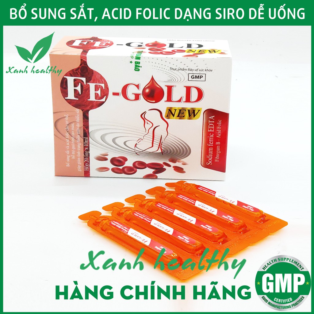 FE GOLD NEW Bổ sung sắt, Acid Folic cho bà bầu và trẻ từ 2 tuổi -Dạng siro an toàn, dễ uống- Hộp 20 ống*10ml