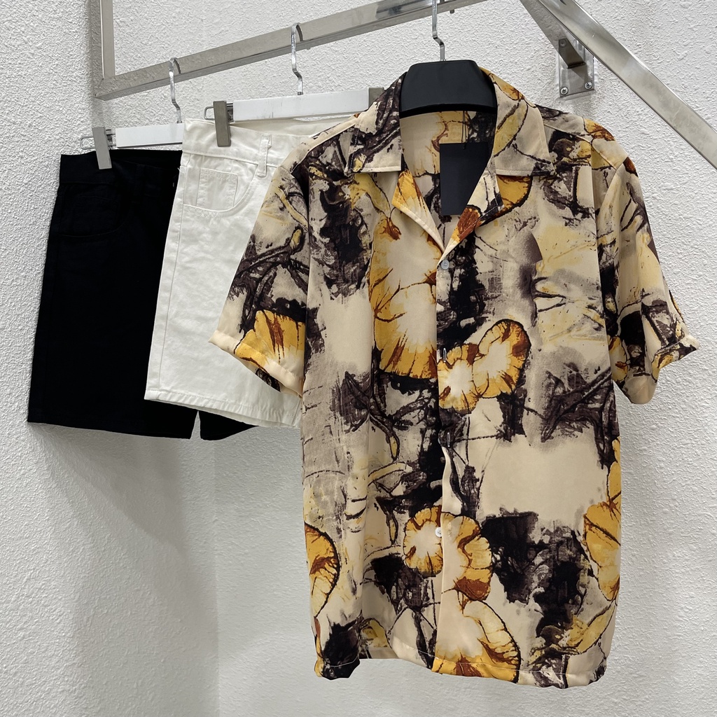 Áo sơ mi tay ngắn hoạ tiết nấm linh chi vải lụa mango áo cuban shirt ngắn tay cổ vest mùa hè