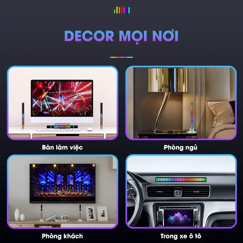 Thanh đèn LED RGB cảm ứng theo nhạc 16 triệu màu điều khiển qua APP, trang trí decor Xe Ô Tô, phòng Studio Gaming