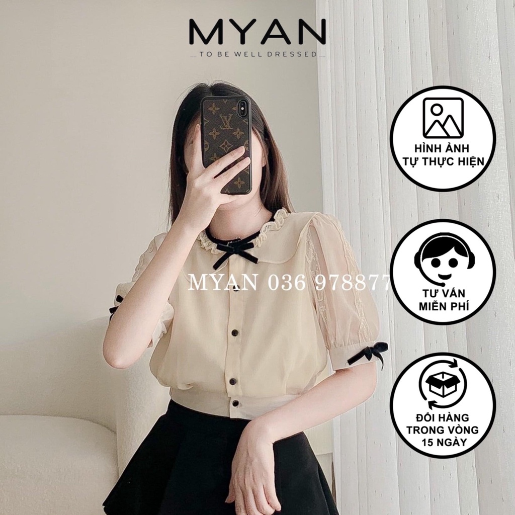 Áo Sơ Mi Ngắn Tay - Áo Sơ Mi Thiết Kế Phối Nơ Cổ Sen MYAN - Avn072211