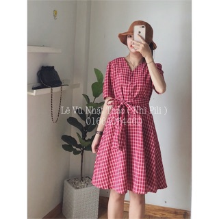 Đầm caro đỏ cúc bọc