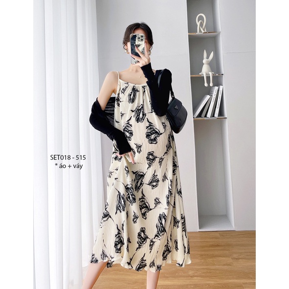 Young Mom | Set đầm bầu SET018 vải lụa xốp sang trọng, form maxi dài qua gối,mát mẻ dành cho mùa Hè hàng nhập Quảng Châu