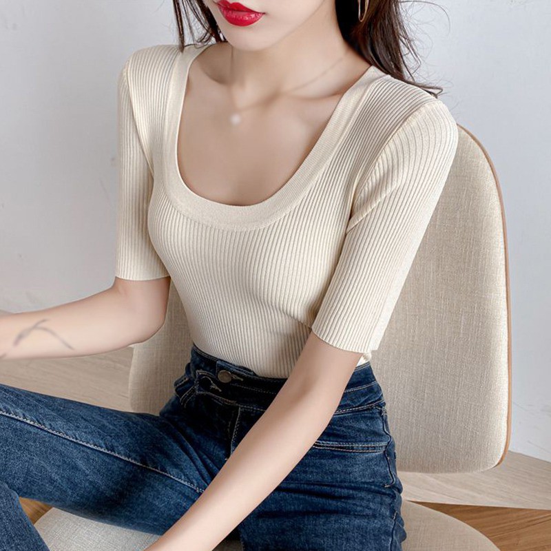 Áo Thun Tay Ngắn Cổ Chữ U Màu Trơn Thời Trang Cho Nữ