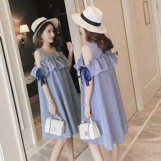 THANH LÝ ĐẦM BẦU : Váy Bầu Dáng Suông Kẻ Sọc Xanh Khoét Vai - Có Khóa Cho Con Ty