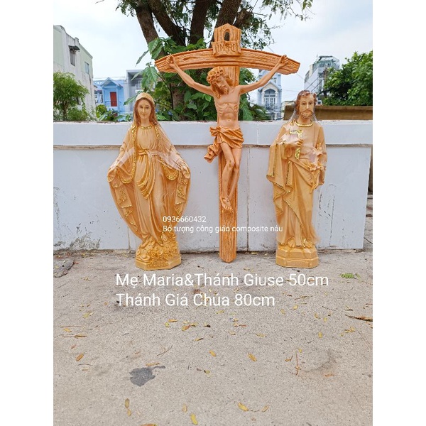 Bộ tượng Đức Mẹ và Thánh Giuse 50cm & Thánh giá Chúa 80cm màu nâu đậm- Tượng công giáo composite