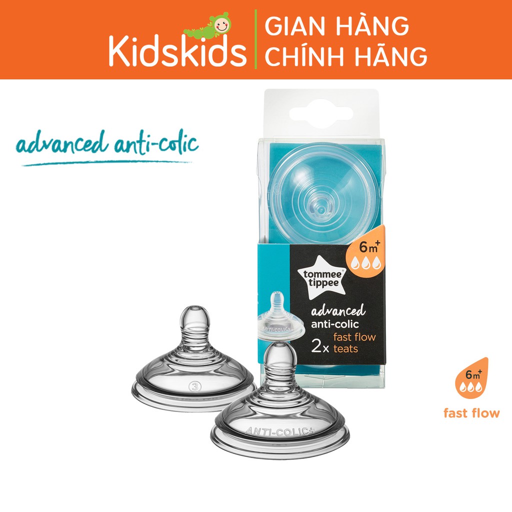 Núm ty silicon thay bình sữa Tommee Tippee Advanced Anti-Colic Fast Flow từ 6 tháng (vỉ đôi)