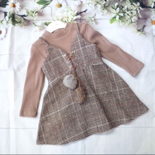 Freeship 99k TQ_Set váy dạ kẻ + áo cotton mỏng vintage